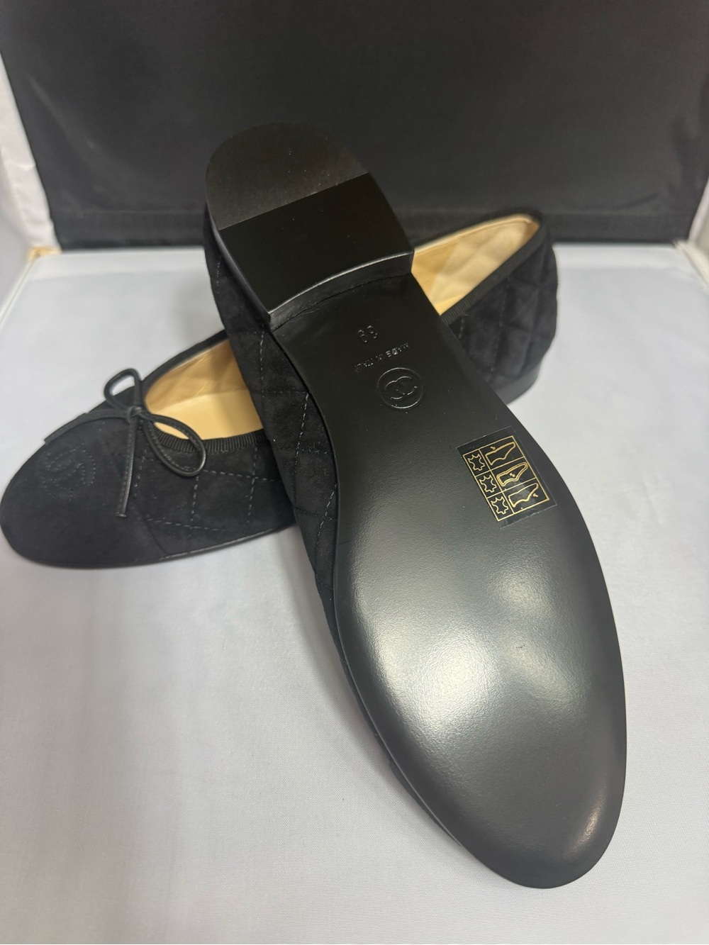 CHANEL Black Quilted Suede Bow Ballet Flats - Picture 2 of 4